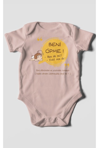 Beni Öpme Bende Mi Evet Sende Baskılı Bebek Zıbını Çıtçıtlı Body %100 Pamuk Kısa Kol Pastel Pembe
