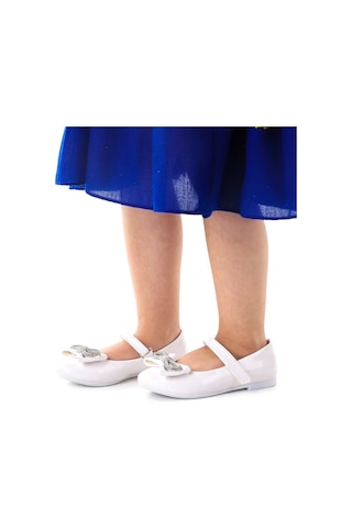 Kiko Kids Papyon Taşlı Cırtlı Kız Çocuk Babet Ayakkabı 254 Rugan Beyaz 001
