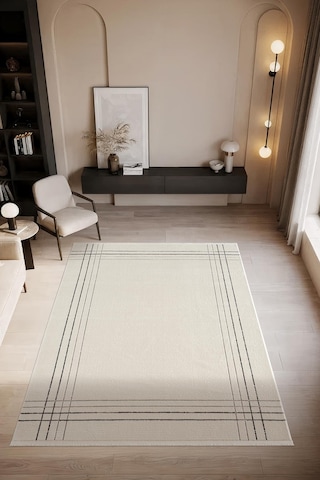 Look Black Lb006w Krem Halı Siyah Dekoratif Çizgili Modern Desen Akrilik Yumuşak Tozuaz Salon Halısı-897 Krem