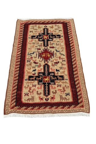 El Dokuma Sıfır İran Şiraz Kilimi 102x160 Krem Yün İnce Kilim