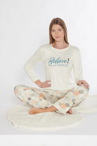 Uzun Kol Pijama Takım Viskon Mevsimlik Alperi 790-310 Ekru