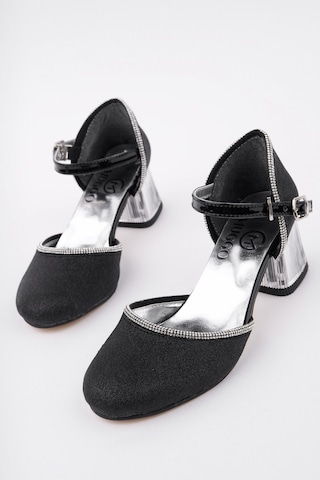 Muggo Else Bilekten Bağlamalı Simli Kız Çocuk Kısa Topuklu Ayakkabı Siyah