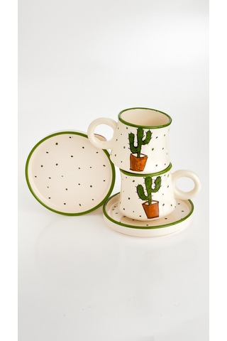 2 Li Takım Kaktüs Desenli El Yapımı Kazan Seramik Kahve Fincanı, Kahve Fincanı Beyaz