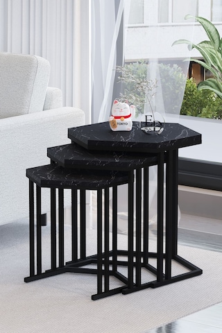 Tokyo 3'lü Zigon Sehpa Siyah Metal - Siyah Mermer Tabla