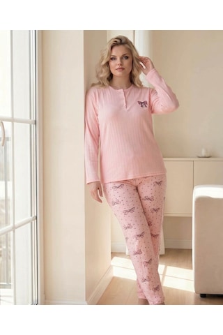 Eyfuze Kadın Kışlık Büyük Beden Curve Nakışlı Desenli Yakası Düğmeli Uzun Kollu Pijama Takımı Ekru - Somon