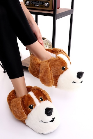 Wordex Hayvanlı H10 Köpekli Kışlık Kadın Erkek Çocuk Panduf Ev Içi Sessiz Taban Panduf Taba