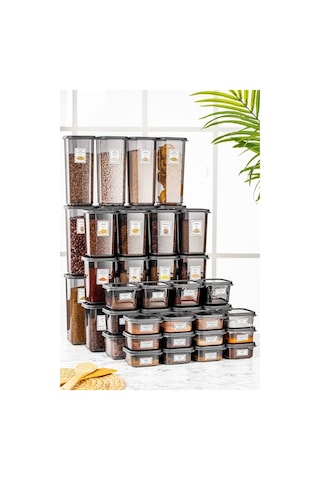 Meleni Home 48'li Çeyiz Seti Bonny Etiketli Kavanoz Seti Kare Erzak Saklama Kabı Kahvaltılık Baharatlık Çerezlik