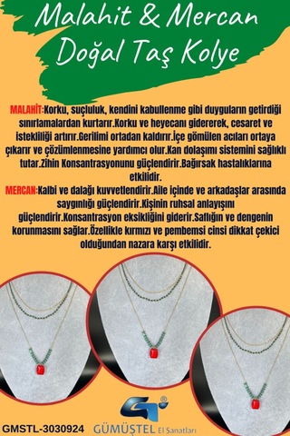 Sertifikalı Doğal Taş Malahit & Mercan Taşı Kolye Tasarım Kararmaz Malzeme Sürpriz Hediyeli Çok REnkli