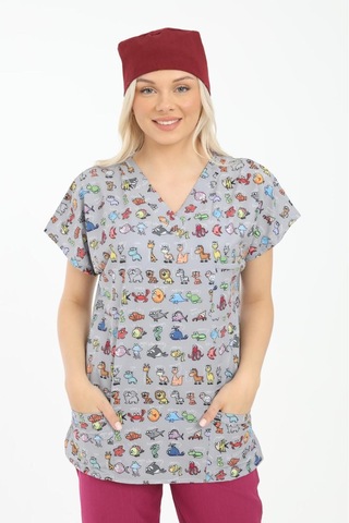 Likralı Cerrahi, Doktor, Hemşire, Veteriner, Dişçi, Desenli, Koyu Renkli Forma Tek Üst Scrubs Diğer