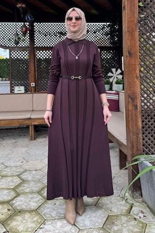 Rabia Şamlı Biricik Kemerli Triko Elbise Acı Kahve Normal