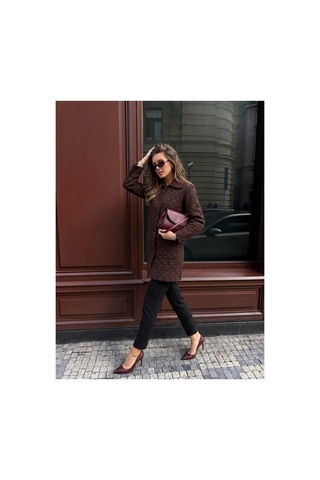 Onno Style Women Desenli Çelik Örgü Uzun Triko Kadın Kaban Bordo