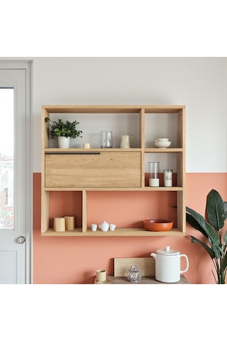 Robin Home Mutfak Salon Duvar Rafı Kitaplık 90cm Kapaklı Sepet Kahverengi