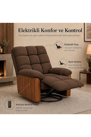 Smarto Relax Tv Koltuğu Porto Comfort Döner Ve Sallanan Elektrikli Mekanızmalı Sırt Dayanağı Kontrol Panelli Ergonomik 8 Farkli Renk Seçenek Dekoratif Baba Koltuğu Kahverengi