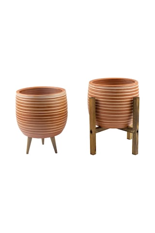 Bitki Tasarımı Ev Dekorasyon Yan Çizgi Desenli Toprak Saksı Saksılık Salon Çiçeklik İkili Set 3 Ayaklı- 4 Ayaklı- 19 Cm