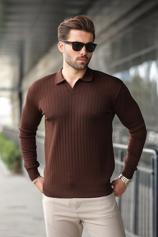 Madmext Kahverengi Polo Yaka Çizgili Uzun Kollu Kazak 7239 Kahverengi