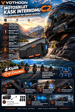 C2 4 Kişi Eşleşmeli Motosiklet Kask Kulaklığı İntercom Su Geçirmez Bt 6.0 Najmaddin 83004400