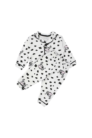 Bebegen Unisex Ekru Siyah İnek Desenli Kruvaze Yaka Pijama Takımı Çok Renkli