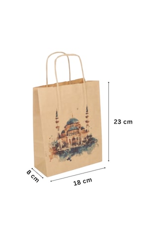 Ramazan Hediyelik Paketleme Çantası, 3lü Paket, Cami Tasarımlı Kraft Kağıt Çanta Seti, 8x18x23 Cm