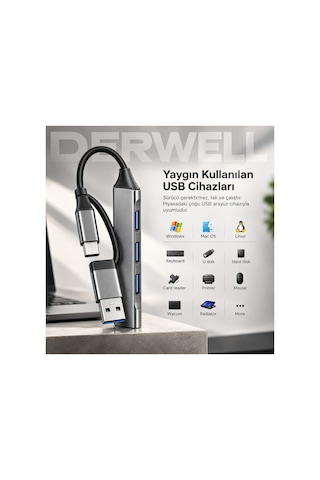 Yeni 2026 Çift Girişli Usb Hub Çoklayıcı 4 Portlu Type-c Ve Usb A 3.0 Dönüştürücü Adaptör Laptop Pc Telefon Tablet Uyumlu Tak Çalıştır Klavye Mouse Harddisk Kart Okuyucu Yazıcı Bağlantı Aparatı Gri