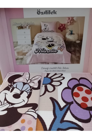 Özdilek Tek Kişilik Lastikli Çarşaf Çocuk Pike Takımı Minnie Garden Pembe