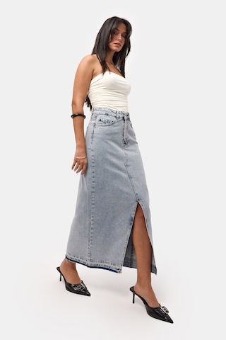 Itsbasic Kadın Snow Kot Rengi Derin Yırtmaçlı Yüksek Bel Uzun Denim Etek