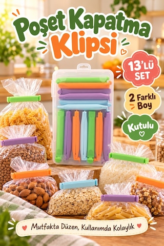 13 Adet Kutulu 2 Farklı Boy Renkli Poşet Kapatma Klipsi Mutfak Paket Ağzı Kapatıcı Düzenleyici Klips