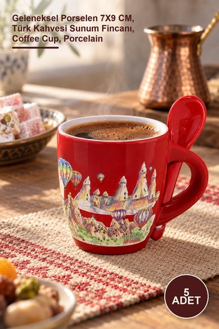 5 Adet Yöresel Kahve Fincanı Geleneksel Porselen 7x9 Cm, Türk Kahvesi Sunum Fincanı, Coffee Cup, Porcelain Diğer