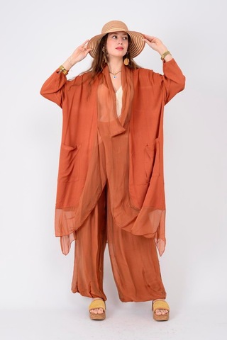 Bohem Stil Italyan Ipek Detaylı Oversize Kap Bluz- Wes Pantolon Takım-8789 Kiremit