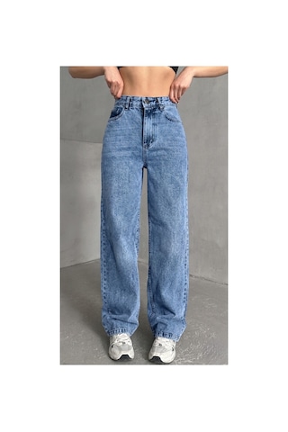 Kene Jeans Kadın Taş Yıkama Bol Paça Wide Leg Jeans Kot Pantolon Taş Yıkama