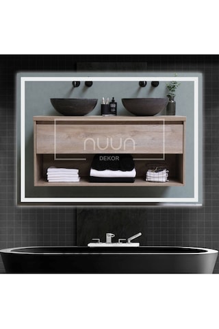 Nuun Dekor 90x70cm Beyaz Ledli Kumlamalı Banyo Aynası Trafolu Beyaz