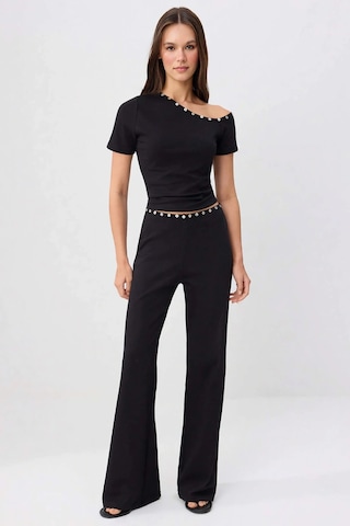 Benerly Kadın Kısa Kollu Crop Top Sedef Düğmeli Asimetrik Yaka Ribana Örm siyah