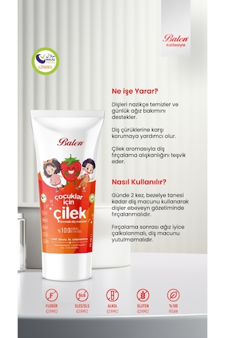 Balen Doğal Çocuklar İçin Çilek Özlü Diş Macunu 75 Ml Beyazlık