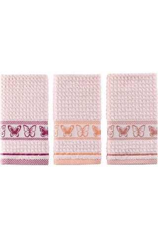 Mutfak Havlu Seti 3 Lü Jakarlı Pamuk Butterfly Pembe