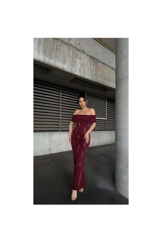 Alfa Aksesuar 03 Scuba Esnek Taş Abiye Elbise Detaylı Straplez Kumaş Bordo