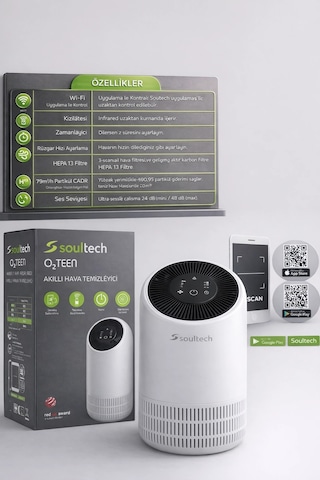 Soultech O2teen Akıllı Hava Temizleyici Hepa 13 Filtre Wi-fi Uygulama Kontrollü Ultra Sessiz
