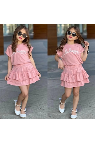 Cg Kids Gül Kurusu Be Happy Baskı Yarasa Kol Basic Fırfırlı Etek Kız Çocuk Alt Üst Takım