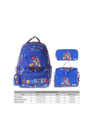 Kaukko Kids Monster Mavi Renk Erkek Çocuk Üçlü İlkokul Okul Çantası Seti/takımı - Setkk-l5404a