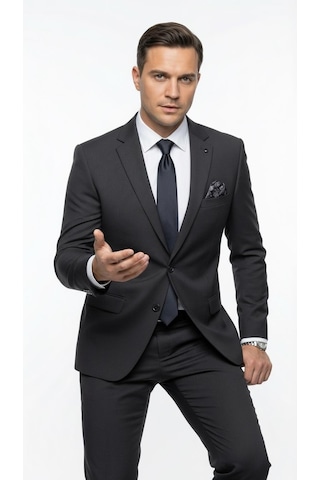 Plus Scorpion Erkek Slim Fit Ceket Likralı Fitilli Kumaş, Çift Düğmeli Tek Yırtmaçlı Modern Tasarım Siyah