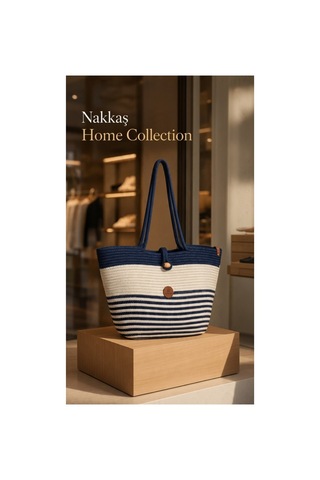 Nakkaş Home Collection Jüt Kadın Çanta Hasır Görünümlü Omuz Çantası, Plaj Ve Günlük Kullanım-50x30 Cm Lacivert-beyaz