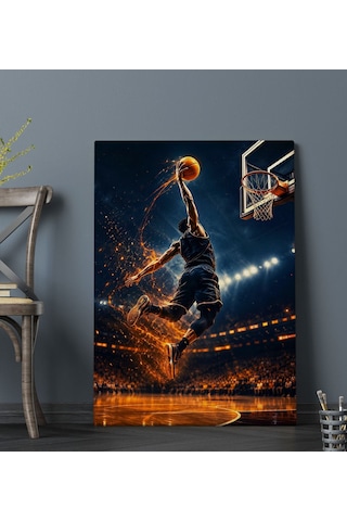 Bk Gift Basketbol Smaç Anı Ateş Efektli Sporcu Ve Potaya Atlayış Temalı Kanvas Duvar Tablosu 50x70 Cm