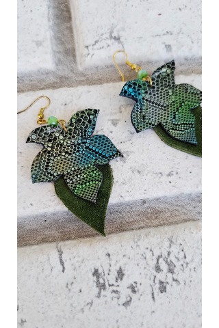 Yeşil Süet Ve İthal Yılan Derisi El Yapımı Bohem Küpe Rose Gold - Yeşil