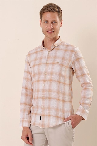 İmza Bej Uzun Kollu Kareli Cepsiz %100 Pamuk Klasik Slim Fit Dar Kesim Gömlek 1004230176-bej Bej