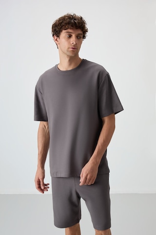 Tommy Life Koyu Gri Pamuklu Kalın Yumuşak Dokulu Oversize Fit Basic Erkek Şort Takım - 85249