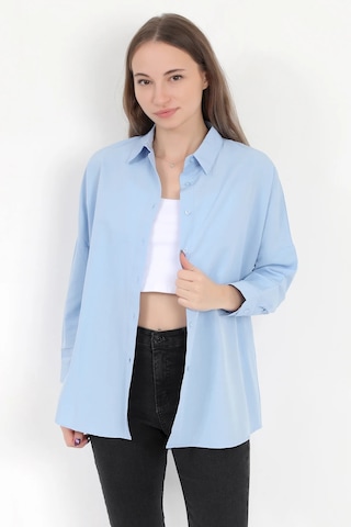Giysa Kadın Buz Mavi Uzun Kollu Basic Pamuklu Oversize Gömlek - 3900 Mavi