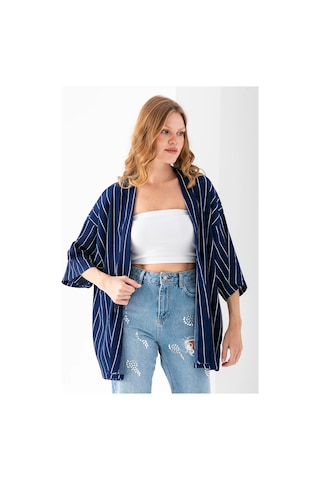 Giysa Kadın Yarım Kol Çizgili Bürümcük Kimono Lacivert - 254406 Lacivert