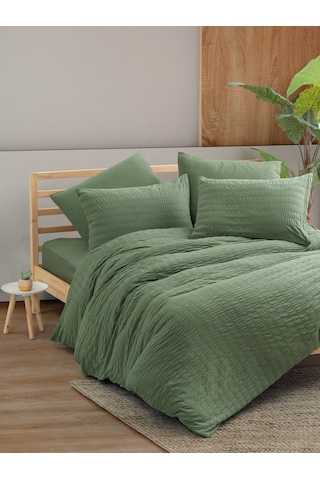 Cotton Box Crepe Penye Çift Kişilik Lastikli Çarşaflı Nevresim Takımı Yeşil