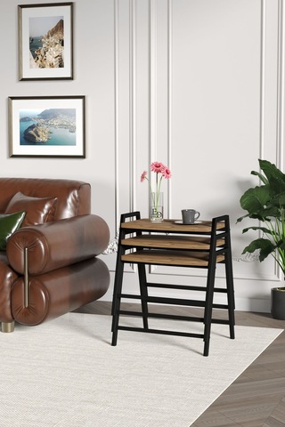 Zigon Sehpa , Aden 3'lü Tepsi Zigon Sehpa Takımı Siyah Metal - Atlantik Çam Tabla Siyah-atlantik Çam