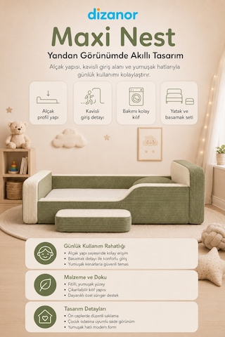 Dizanor Maxi Nest %100 Sünger Montessori Çocuk Karyola Baza Başlık Ve Yatak Seti Yeşil Fitilli 70 X 140