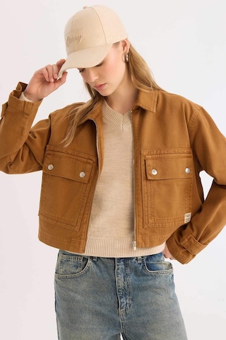 DeFacto Coool Crop Dik Yaka Fermuarlı Cepli Gabardin Ceket E4029AX25SPBG633 Bej