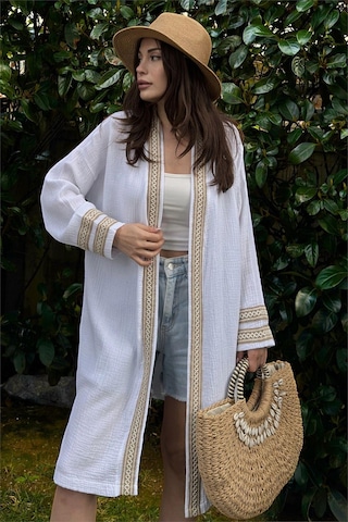 Kadın Beyaz Müslin Kumaş, Hasır Şerit Detaylı Salaş Kimono Ceket Beyaz
